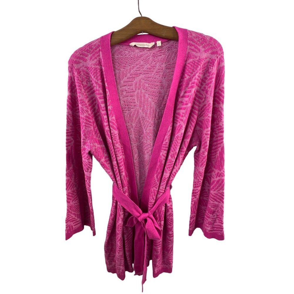 Soft Surroundings Size Medium Belted Cardigan Hot Pink Fern Print Cotton Wrap